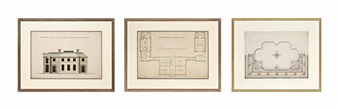 3 Works: Elevation towards the court of the front of the offices of Roddam Hall; and Ground plan of Roddam Hall, Northumberland - Edward Stevens