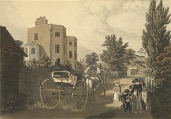 A historical scene of a horse-drawn carriage passing a group of people near a large house.