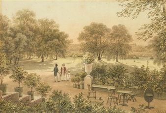A vintage illustration of a formal garden scene featuring three figures and outdoor furniture.