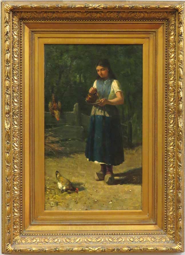 David de la Mar Girl in Wooden Shoes Feeding Chickens MutualArt