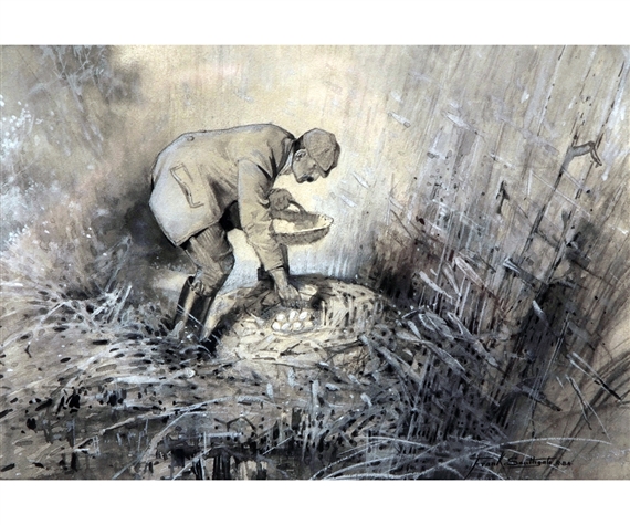 Wildfowler Collecting Eggs from a Nest on The Marshes by Frank Southgate