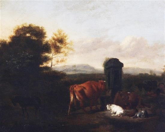 Cattle and goats with a shepherd boy beside a spring by Paulus Potter