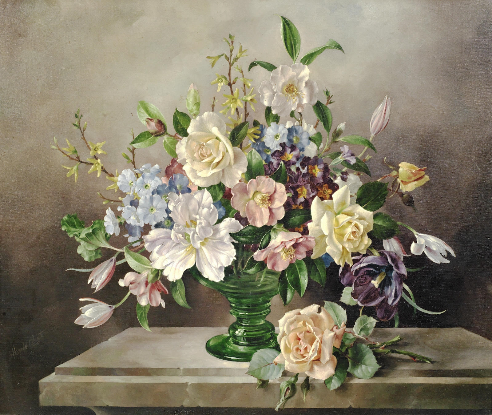 Harold Clayton | Still life of flowers in a green glass vase | MutualArt