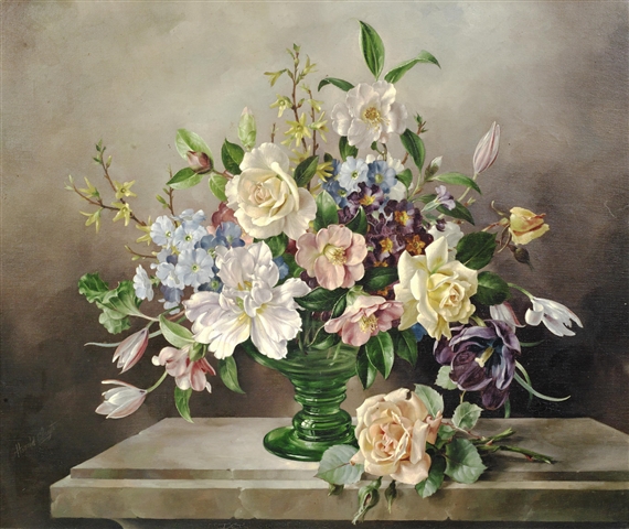 Harold Clayton | Still life of flowers in a green glass vase | MutualArt