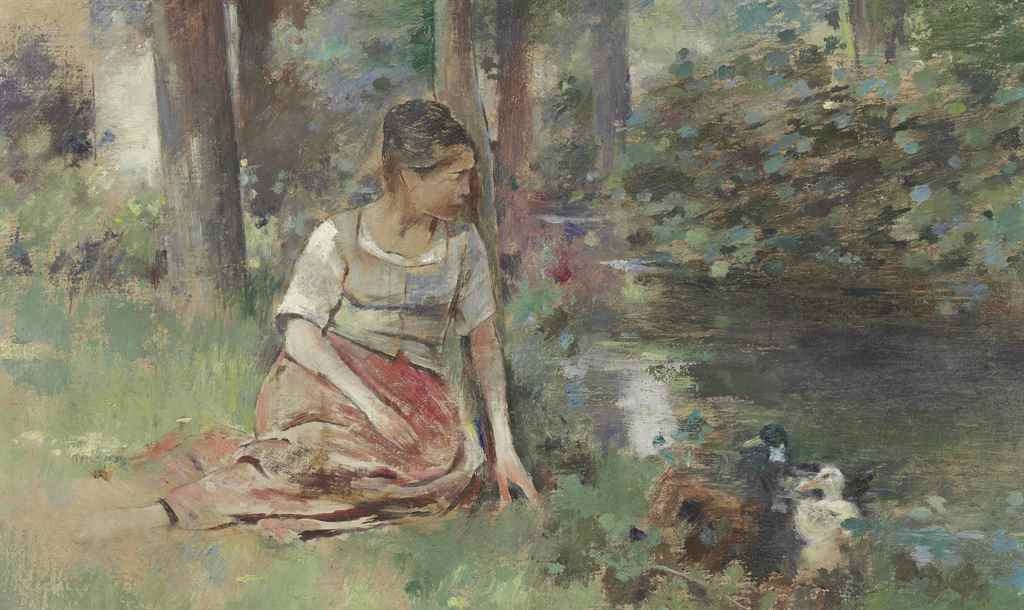 Artwork by Theodore Robinson, Femme aux Canards (Woman with Ducks), Made of oil on canvas
