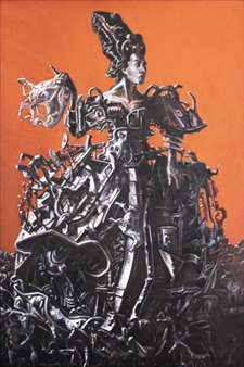 A metallic, mechanical figure stands amidst a chaotic pile of scrap metal against an orange background.