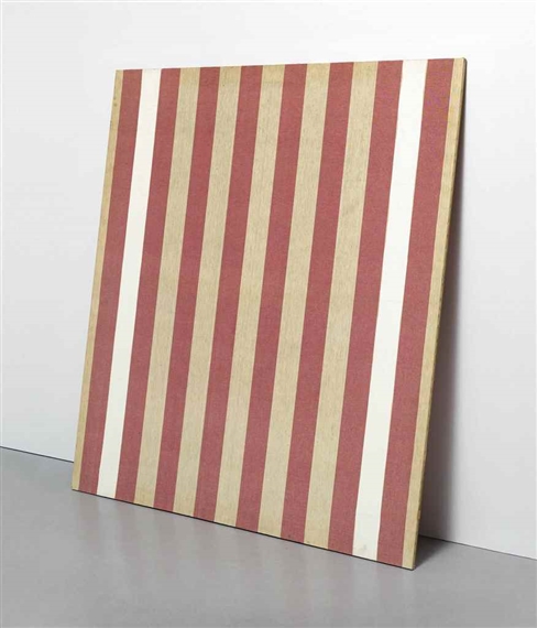Peinture acrylique blanche sur tissu rayé blanc et rouge by Daniel Buren, 1971