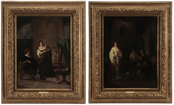 A Pair: Titian Painting Flora & Raphael In His Studio by Enrico Fanfani
