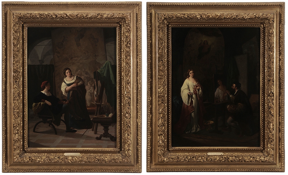 Artwork by Enrico Fanfani, A Pair: Titian Painting Flora & Raphael In His Studio, Made of oil on canvas
