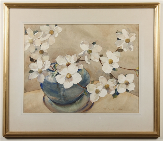 Painting of blooming white flowers in a blue vase by Paul Immel, Mid 20th century