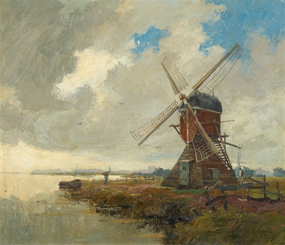 Cornelius A. Bartels | Dutch Landscape with a Windmill by a Lake (1923 ...