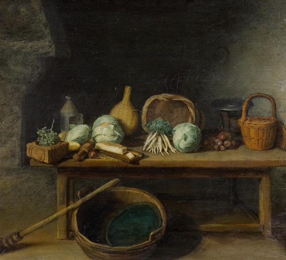 Kitchen still life with vegetables and baskets by Pieter van den Bosch