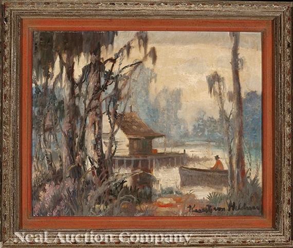 Cabin on the Bayou with a Man in a Pirogue by Knute Heldner