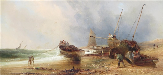 3 Works: Fishing boats and figures on the shore by William Archibald Wall