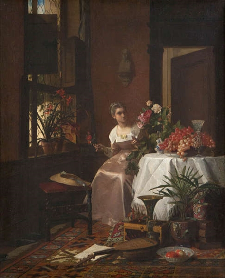 Bourgeois interior with young girl arranging flowers near the window, a still life at the right hand front by Florent Willems, David Emile Joseph de Noter