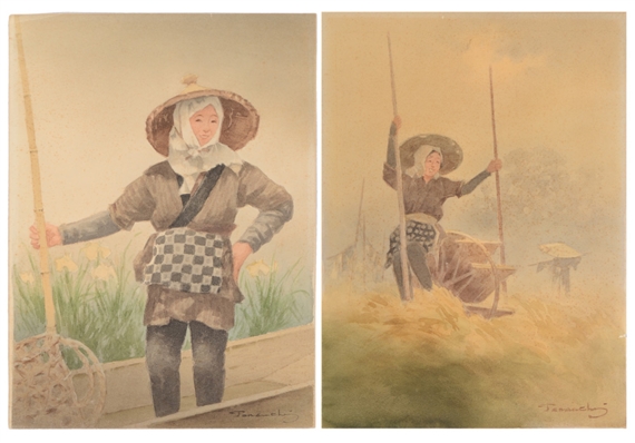 2 Watercolors Depicting Young Female Workers in the Field by Manjiro Terauchi