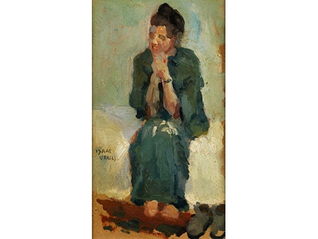 FRAU IN GRÜNEM KLEID AUF WEISSEM POLSTER SITZEND by Isaac Israëls