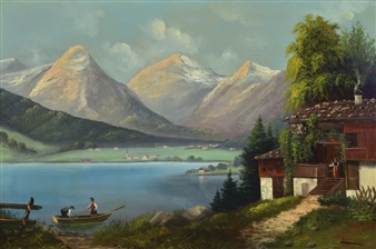 mountain landscape with lake and mountain hut - O.F. Wieduwilt