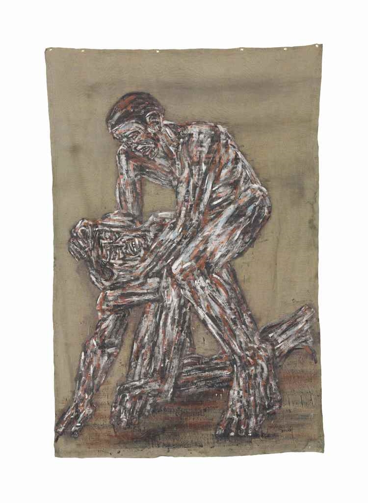 Artwork by Leon Golub, Combat (I), Made of oil on unstretched canvas with metal grommets