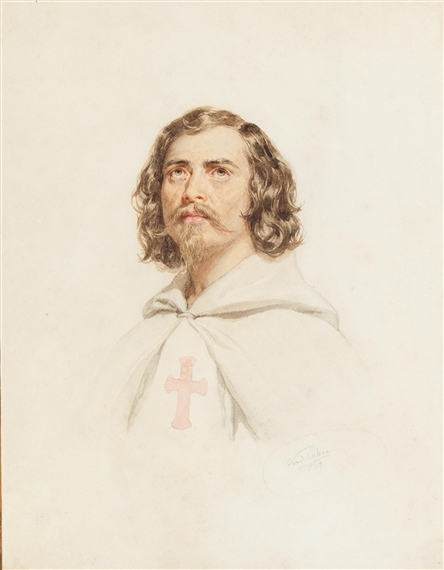 A portrait of a young man with curly blond hair wearing the coat of a knightly order by Josef Kriehuber, 1869