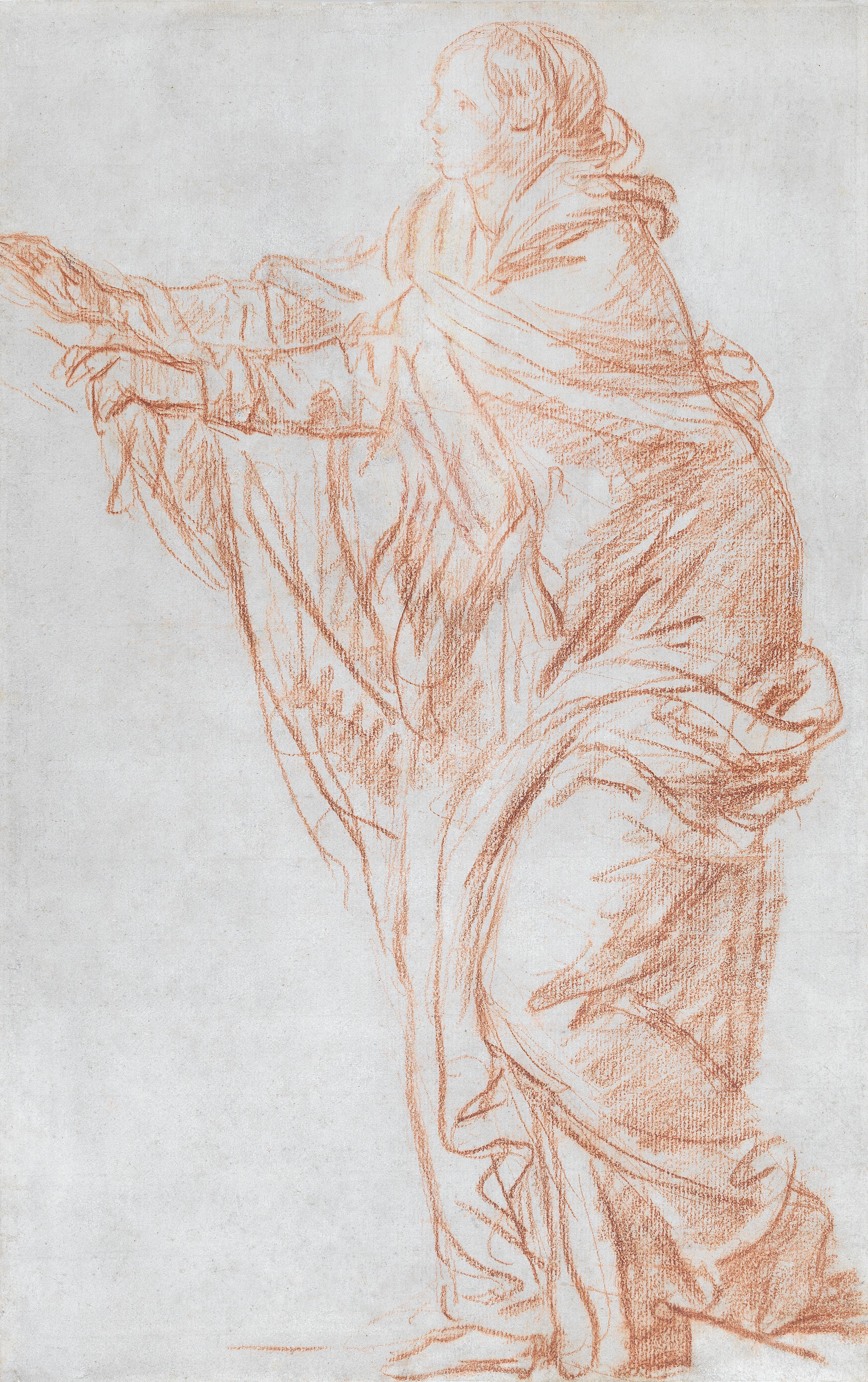 Artwork by Jean-Baptiste Greuze, Study of a female figure with oustretched arms; a detail study for the painting "Purity abducted by Love”, Made of red chalk, on laid paper