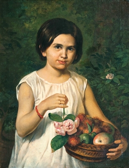 Portrait of an Indonesian Girl Holding a Basket with Rambutan, Wax-Apples and other Fruits - Jan Daniel Beynon