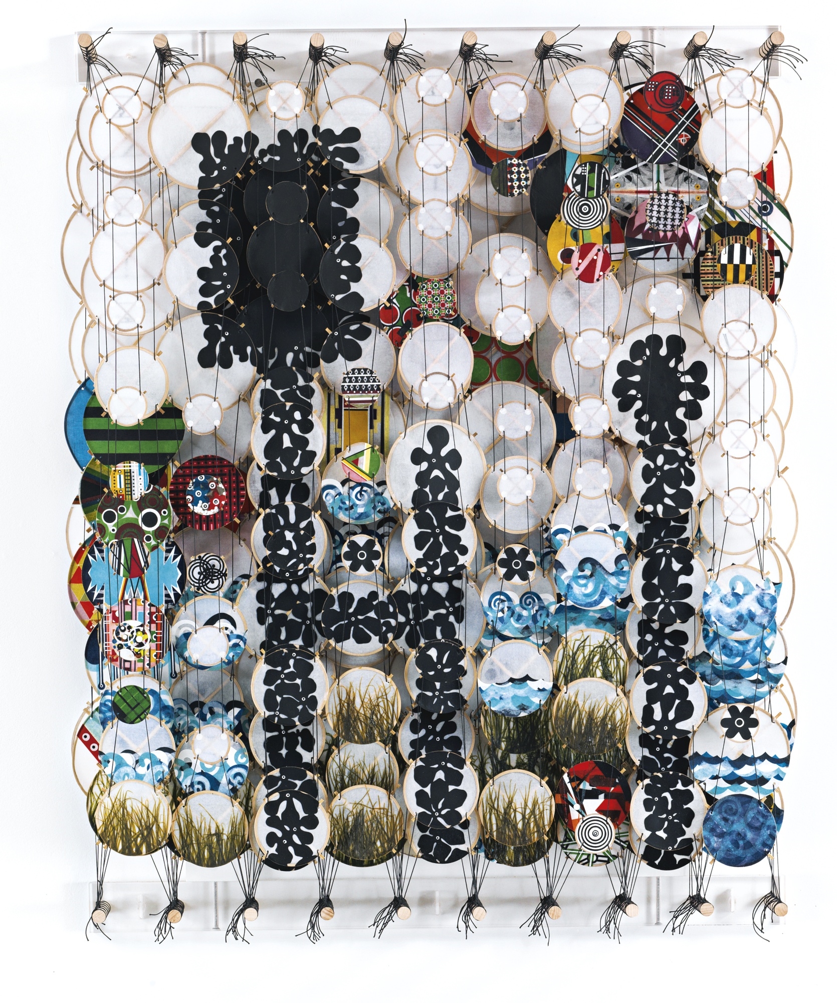 Artwork by Jacob Hashimoto, DEEP IN THE CRADLE OF EMPTY AIR, Made of acrylic on paper, nylon thread, bamboo and wood