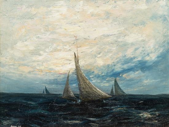 Artwork by Jonas Lie, Sailing Ships in Open Sea, Made of oil on canvas