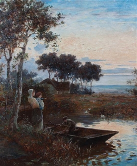 Lakescene at Sunset with Figures - Eugene Swinry