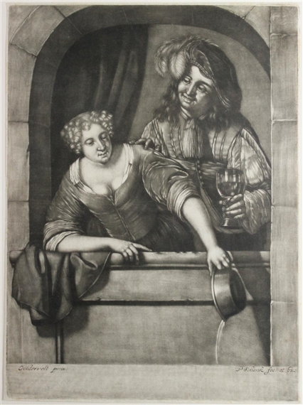 EINE JUNGE FRAU, WELCHE DEN NACHTTOPF ZUM FENSTER HINAUS AUSLEERT by Pieter Schenk