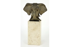 Artwork by Theodore Gall, The Elephant Man, Made of Bronze sculpture with hinged parts mounted to a travertine base