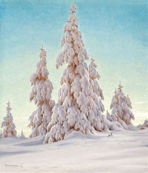 Winter landscape with snow-clad firs by Karl Hauptmann, 1936