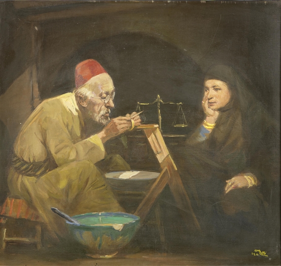 Obra de Faeq Hassan, The Goldsmith, Feito de óleo sobre tela
