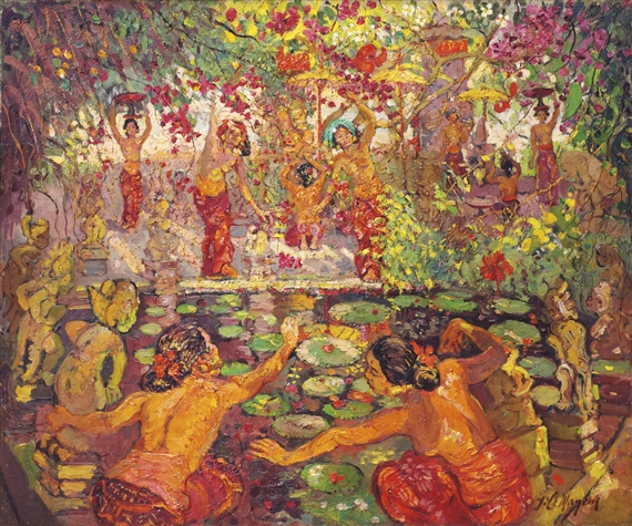 NINE WOMEN BY A LOTUS POND by Adrien Jean Le Mayeur de Merprés, circa 1948