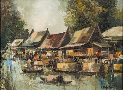 Thai Boat Houses; A Thai Waterway with Reed Huts and Figures in the Distance by M.L. Poum Malakoul, 1963