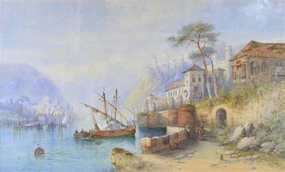 mountainous continental landscape, with a castle and lake in the foreground by Edwin St. John