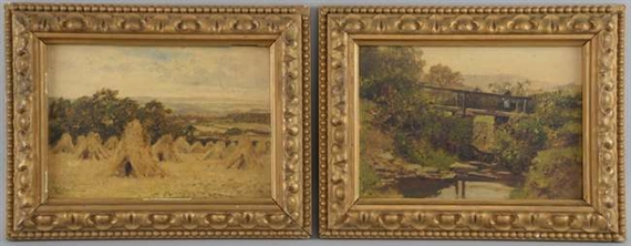 figure on a bridge & corn stooks by H. Wallace