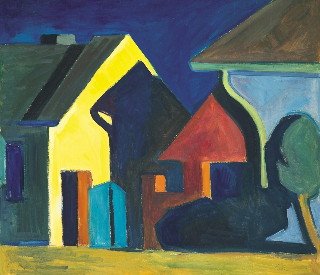 Artwork by György Kohán, Houses with trees, Made of Oil on paperboard