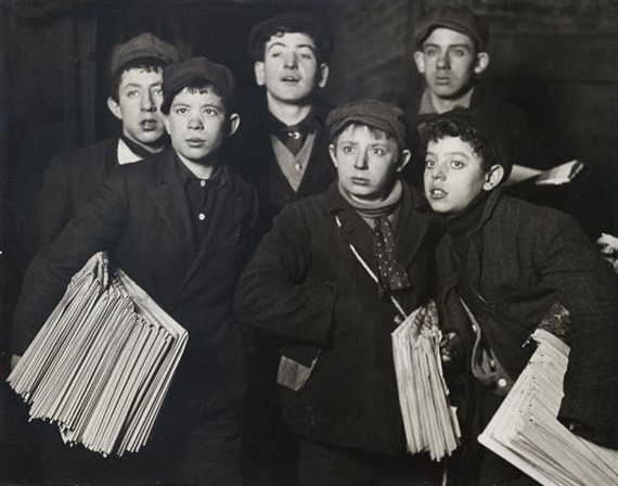 Newsies at Brooklyn Bridge Starting Out at 1 a.m. in a Blizzard on a Sunday by Lewis Hine, circa 1908 , printed 1920s