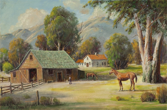 Quiet & Peace Figure in a Barn Doorway with Livestock by Paul Grimm, 1941