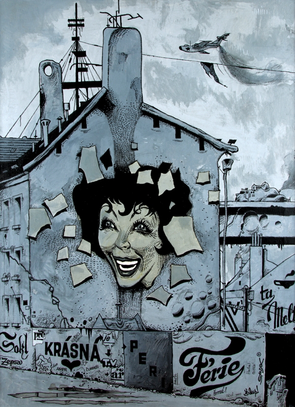 Artwork by Kaja Saudek, Beautiful face in periphery, Made of oil, distemper, gouache, ink