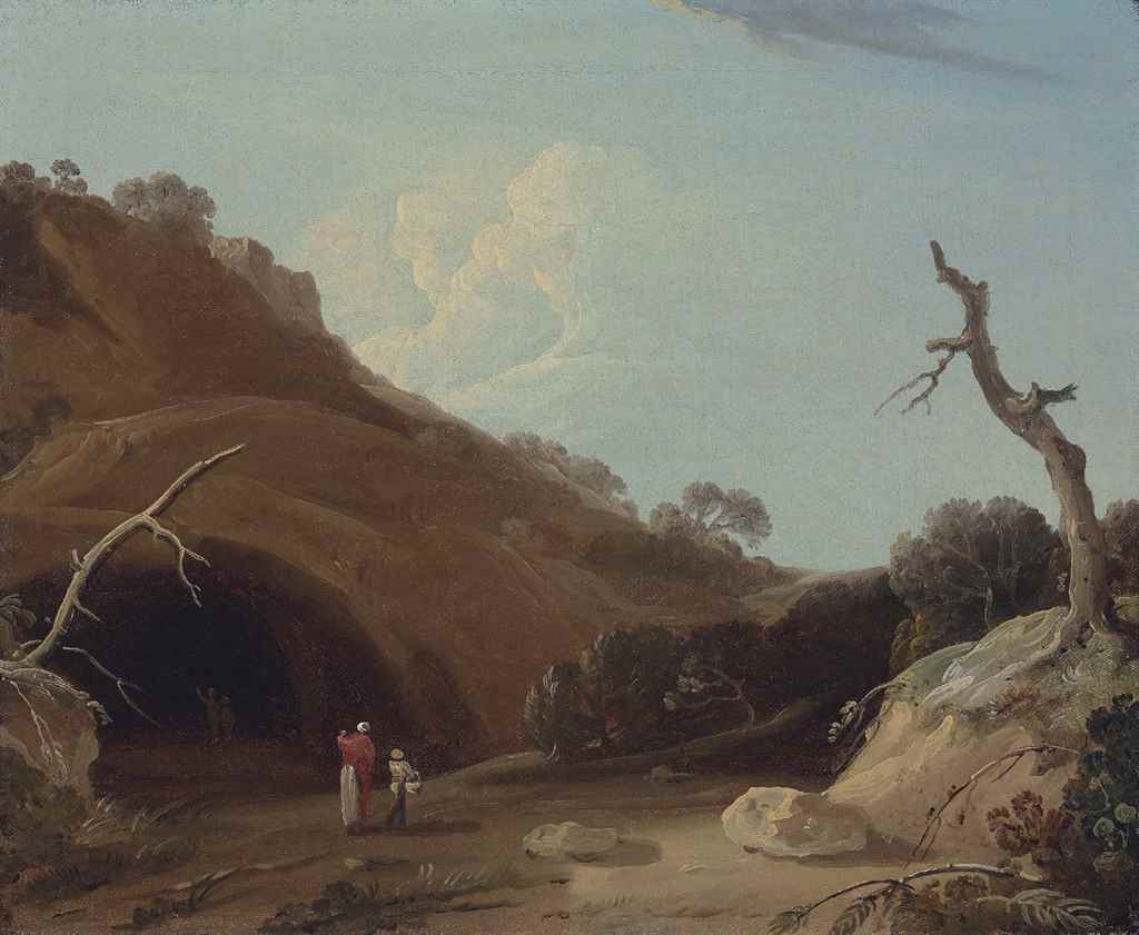 A hilly Indian landscape with figures passing by a cave by William Hodges