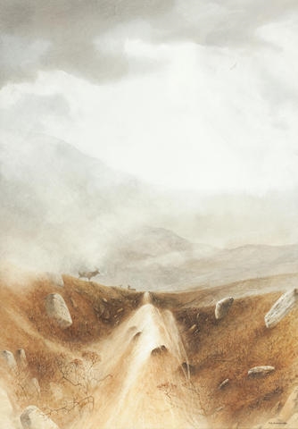 Deer in highland landscape by Bill Jackson, 1986