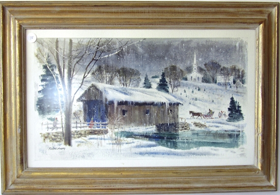 winter landscape with covered bridge by Ralph Avery
