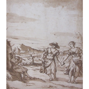 Country Women Passing a Flute-Player on a Road outside Florence - Pieter de Jode II