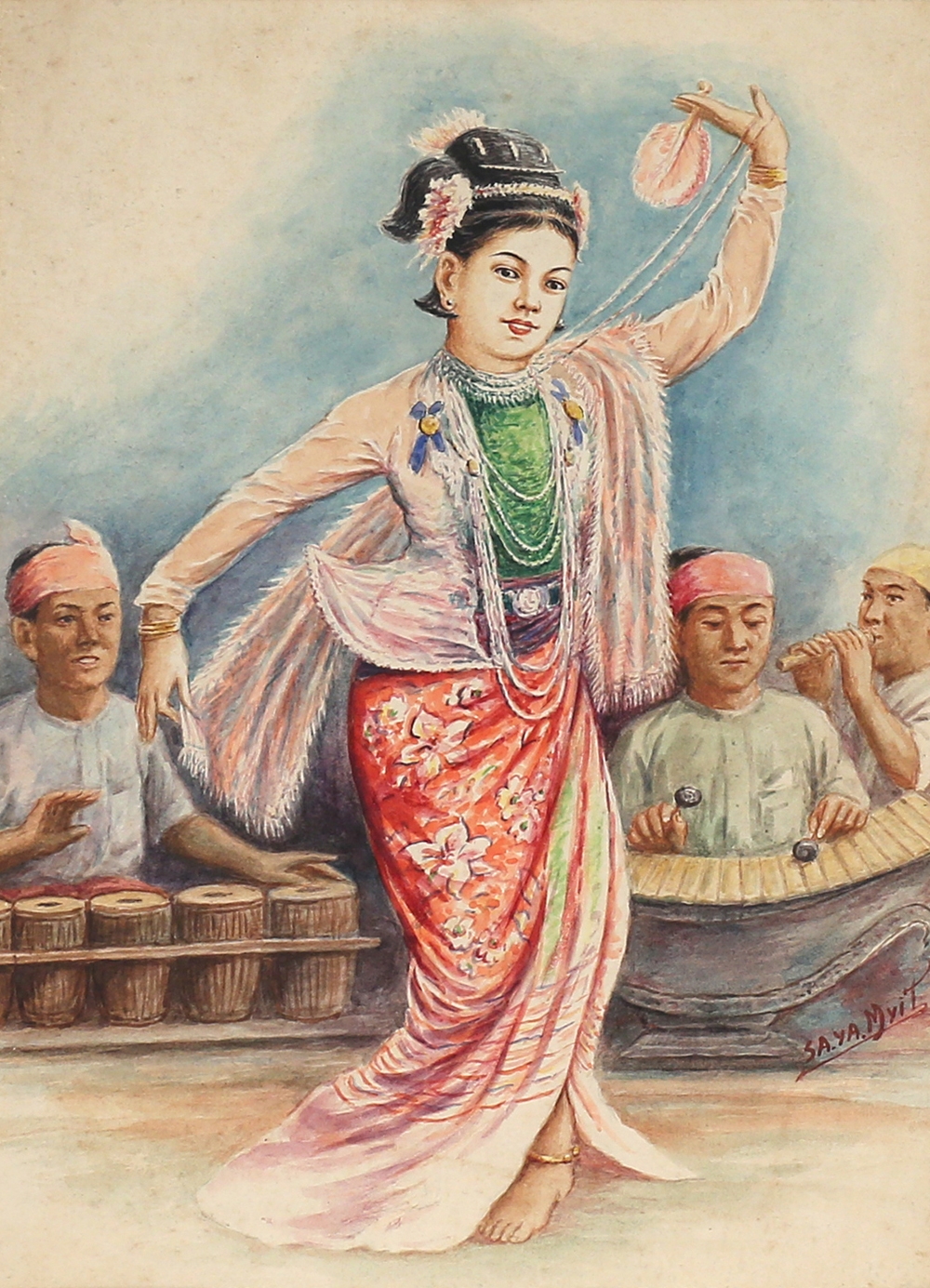 Artwork by Saya Myanmaran, A) Burmese Dancer (B) Burmese, Made of Watercolors