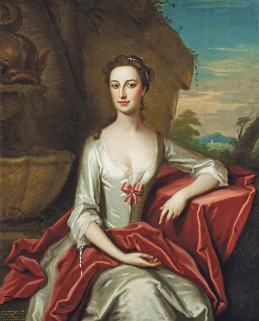 Artwork by Enoch Seeman, Portrait of Anne Columbine (c.1711-1771), three-quarter-length, in a white silk dress, leaning on a draped stone ledge in a garden, Made of oil on canvas