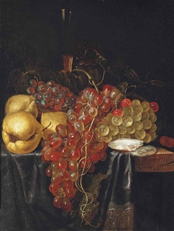 Pears, grapes, oysters and a wine flute on a partly draped wooden ledge - Lambert van Slingelandt