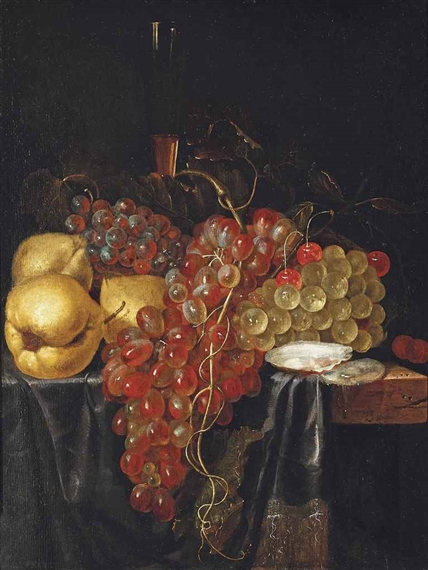 Pears, grapes, oysters and a wine flute on a partly draped wooden ledge by Lambert van Slingelandt