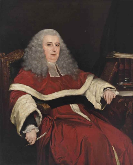 Portrait of John Hyde (c.1737–1796), Judge of the Supreme Court, Bengal, three-quarter length, in robes and wig, at a writing table by Robert Home